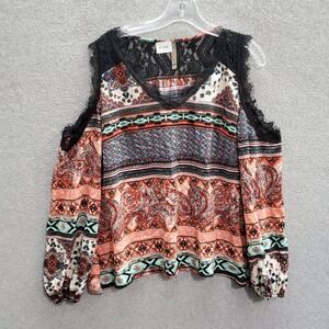 Jesse & J Women Top‎ L Orange Paisley Geometric Floral Blouse Boho Cold Shoulder